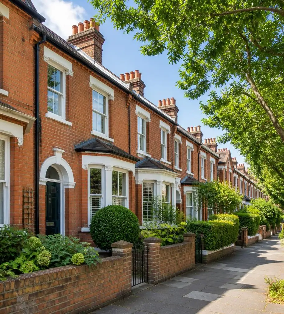 Traditional British brick terraced homes on a leafy street